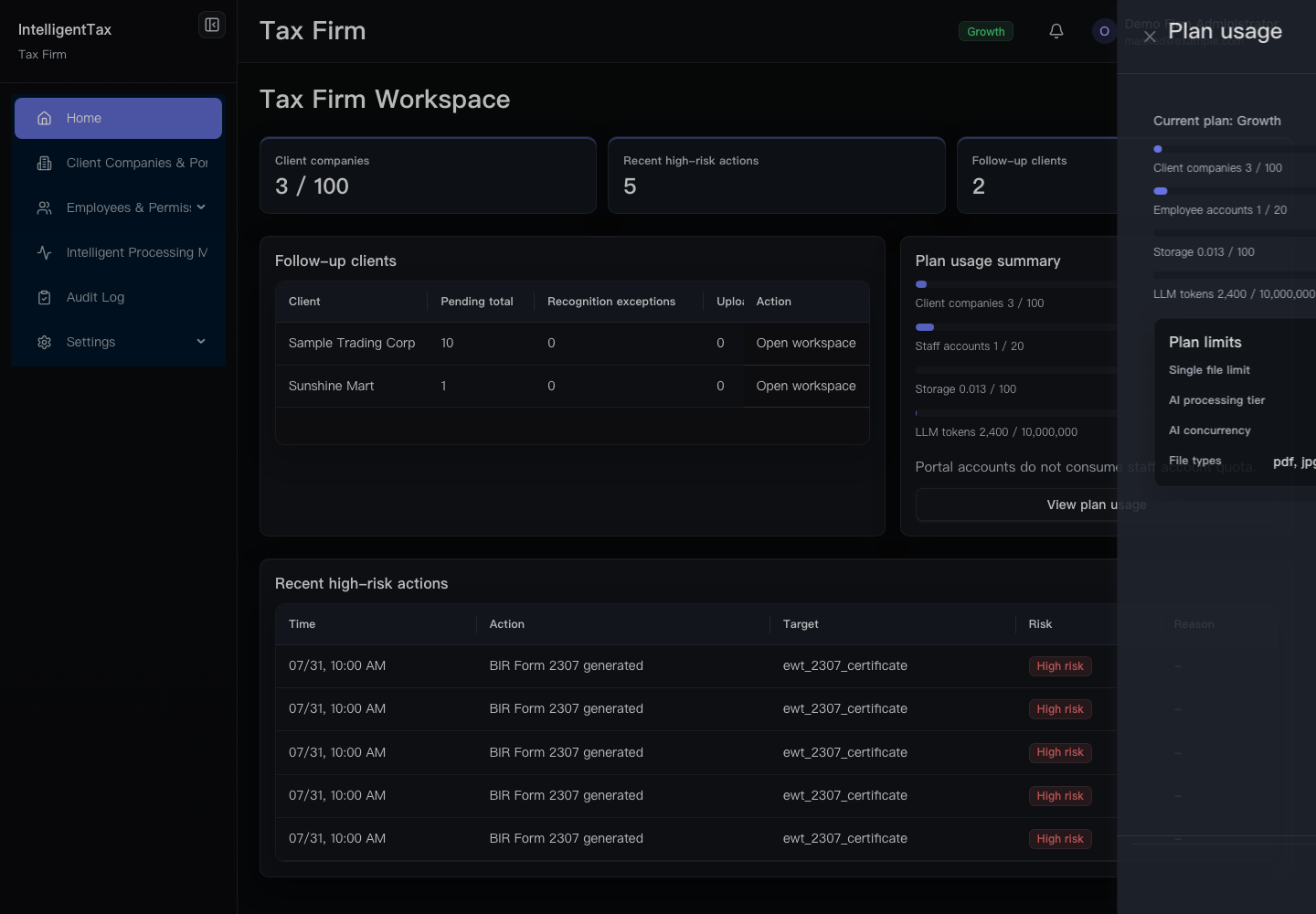 Tax-firm plan usage drawer