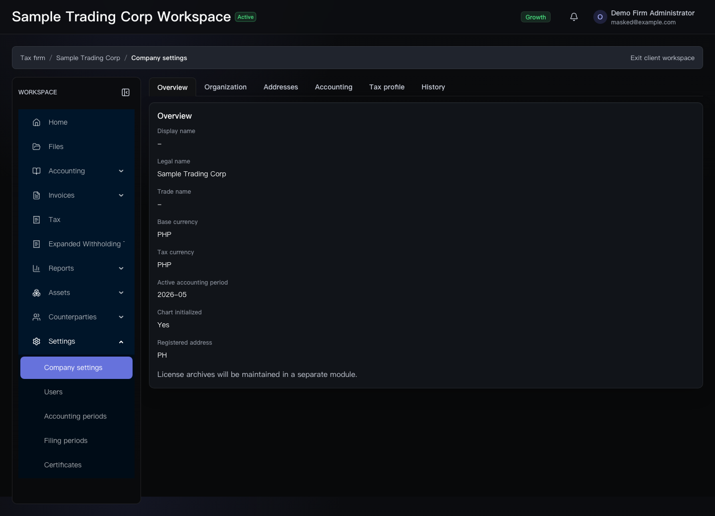 Company settings page