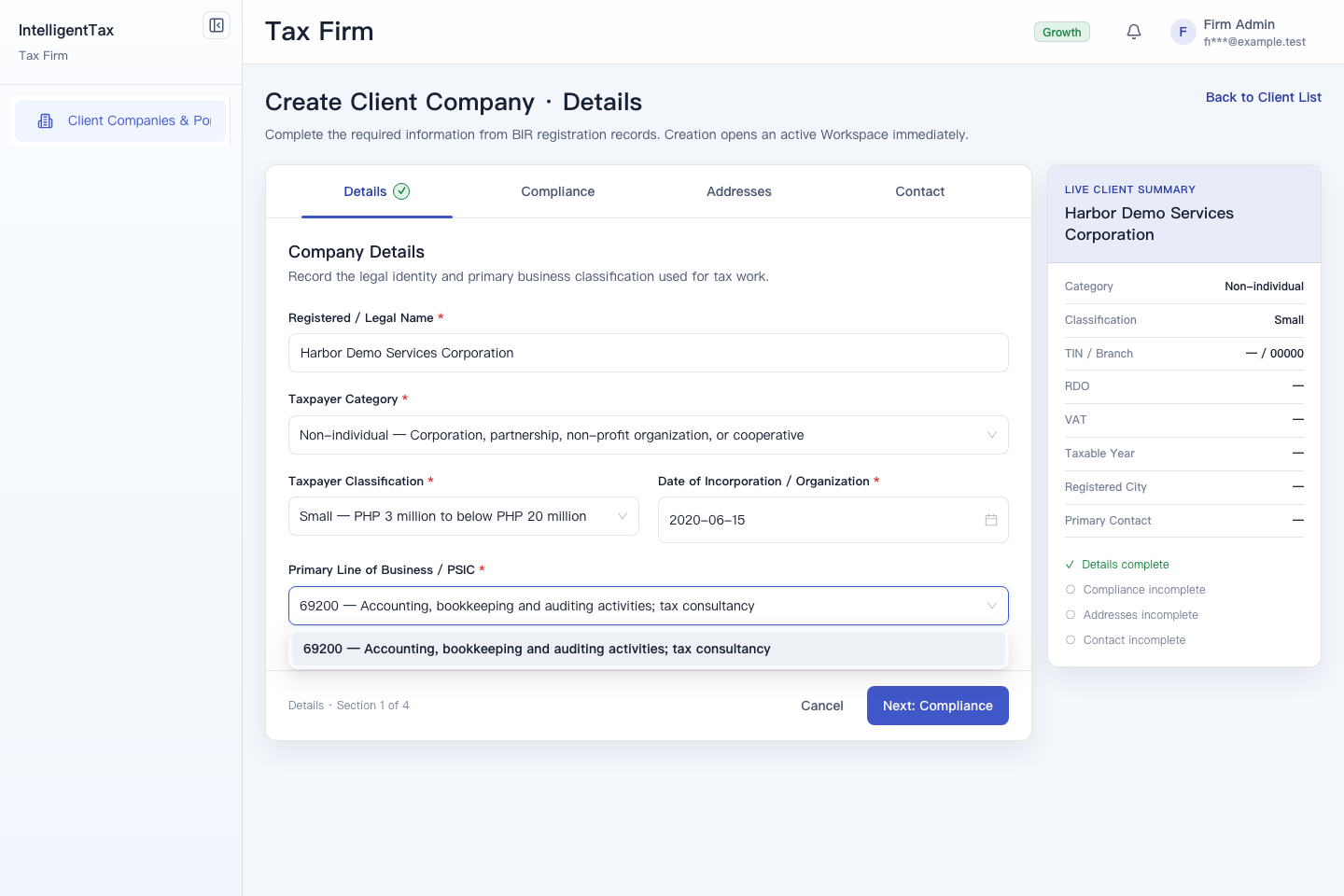 Client company quick create