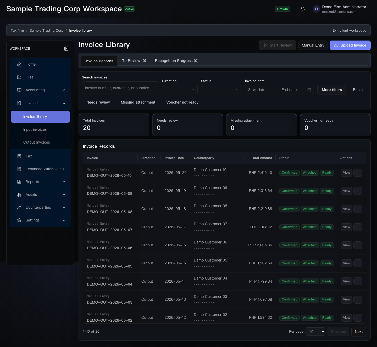Invoice library with filters and records